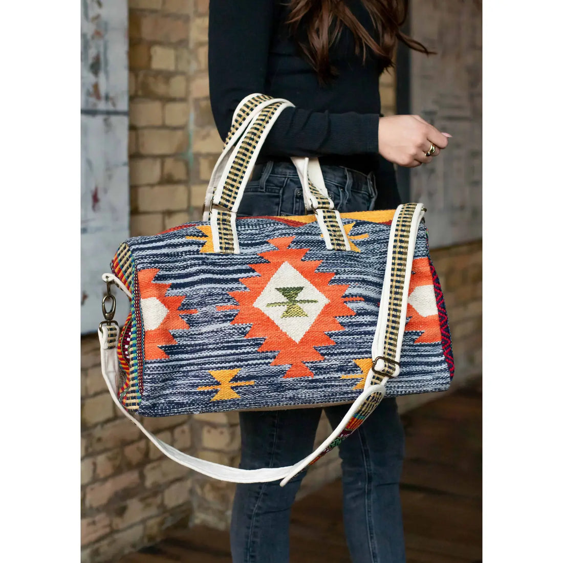 Blue & Multicolored Aztec Duffle Bag