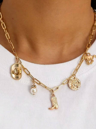 WESTERN BOOT STAR HAT HORSESHOE CHARM NECKLACE | Gold