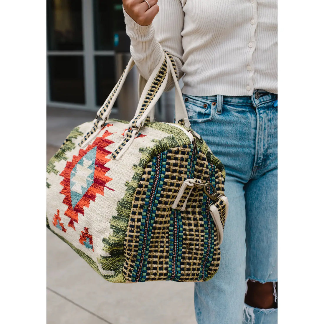 Tan & Multicolor Aztec Duffle Bag