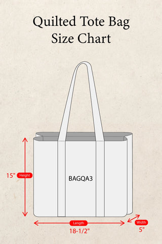 Quilted tote bag size chart with dimensions on a beige background
