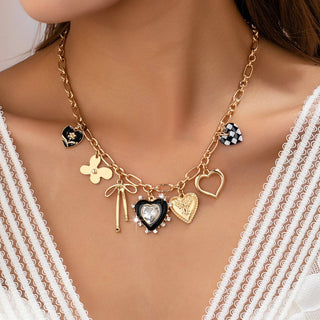 CHARM NECKLACE-BOW CHECKER HEART RHINESTONE |  GOLD