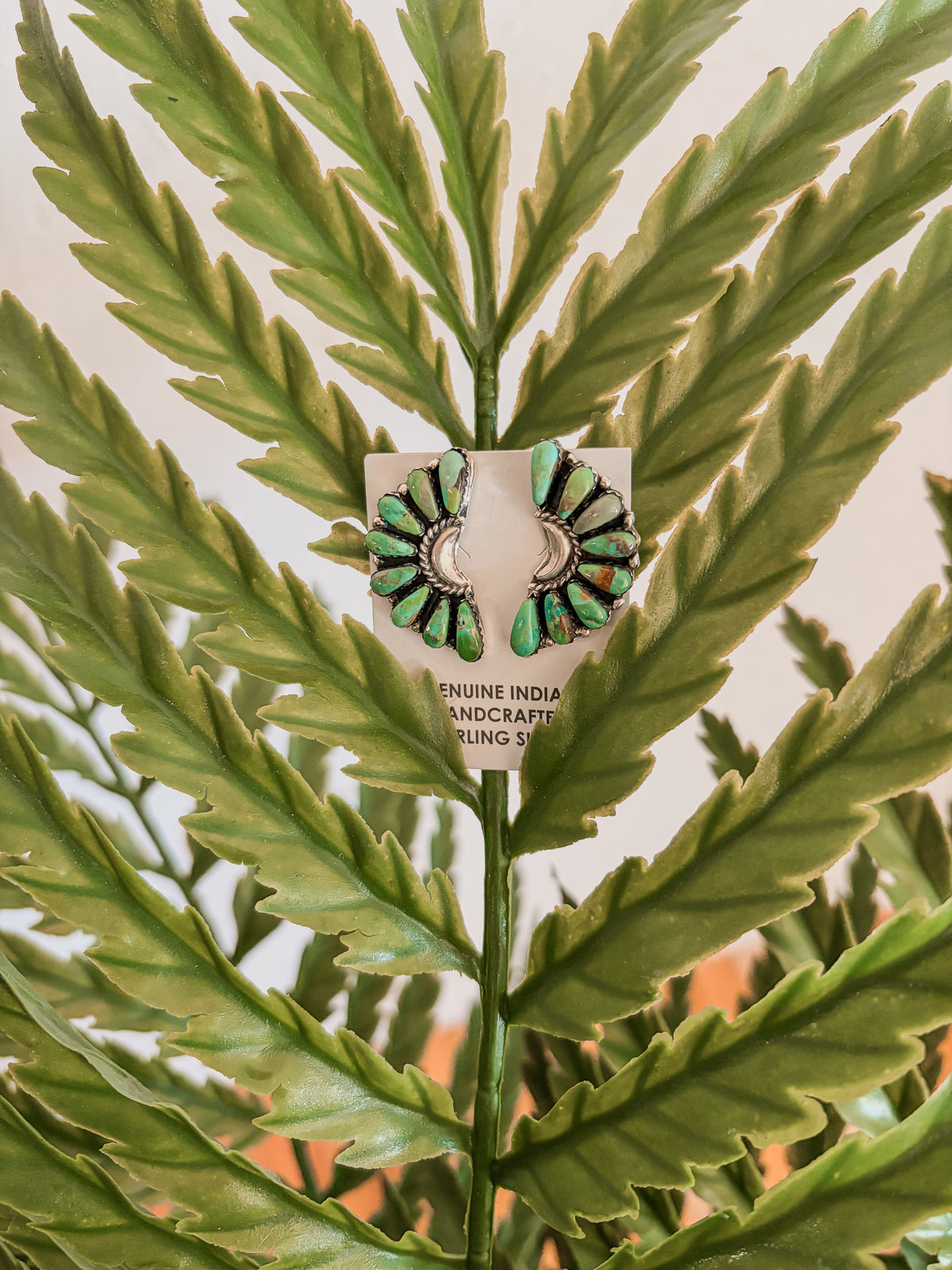 Jewelry card with a green and silver earring on a leafy background