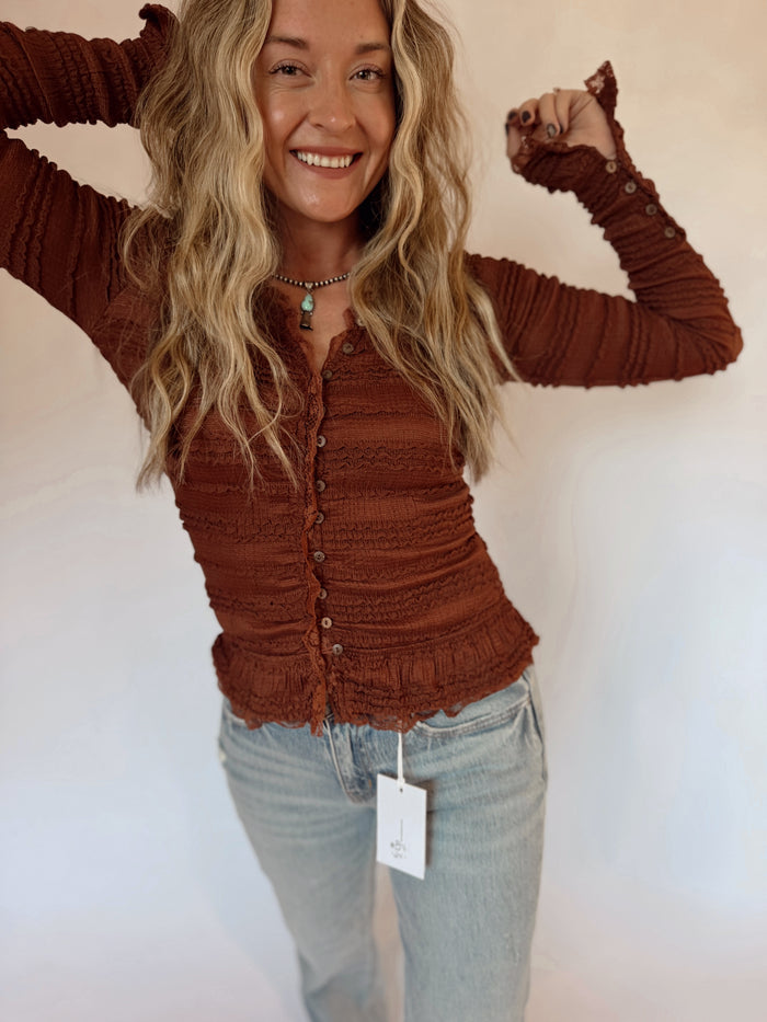 Miss Me Rust Lace Ruffle Blouse at Sage Lush Boutique