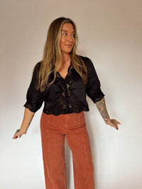 Cropped Satin & Lace Button Top - Black