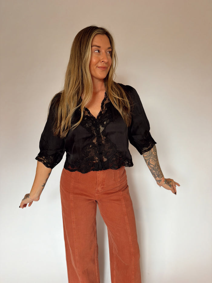 Cropped Satin & Lace Button Top - Black