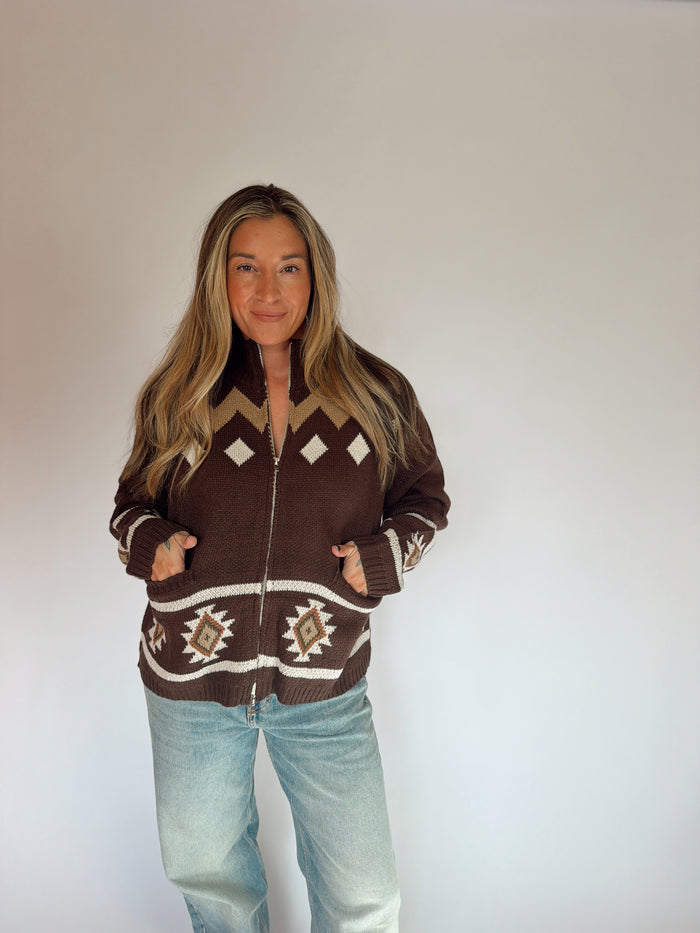 Mesa Brown Aztec Zip-Up Sweater Jacket