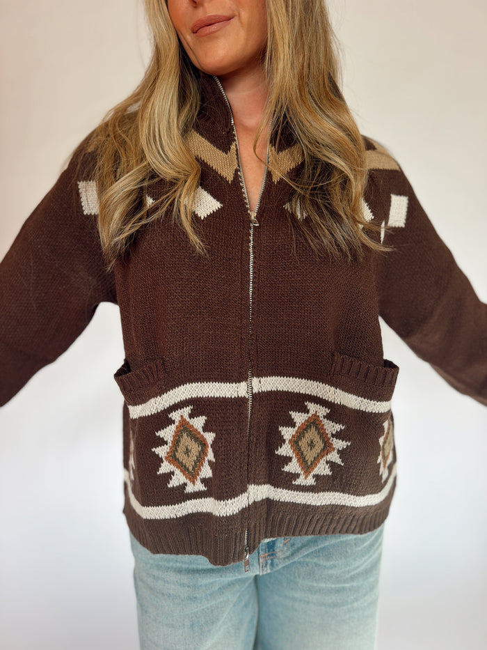 Mesa Brown Aztec Zip-Up Sweater Jacket