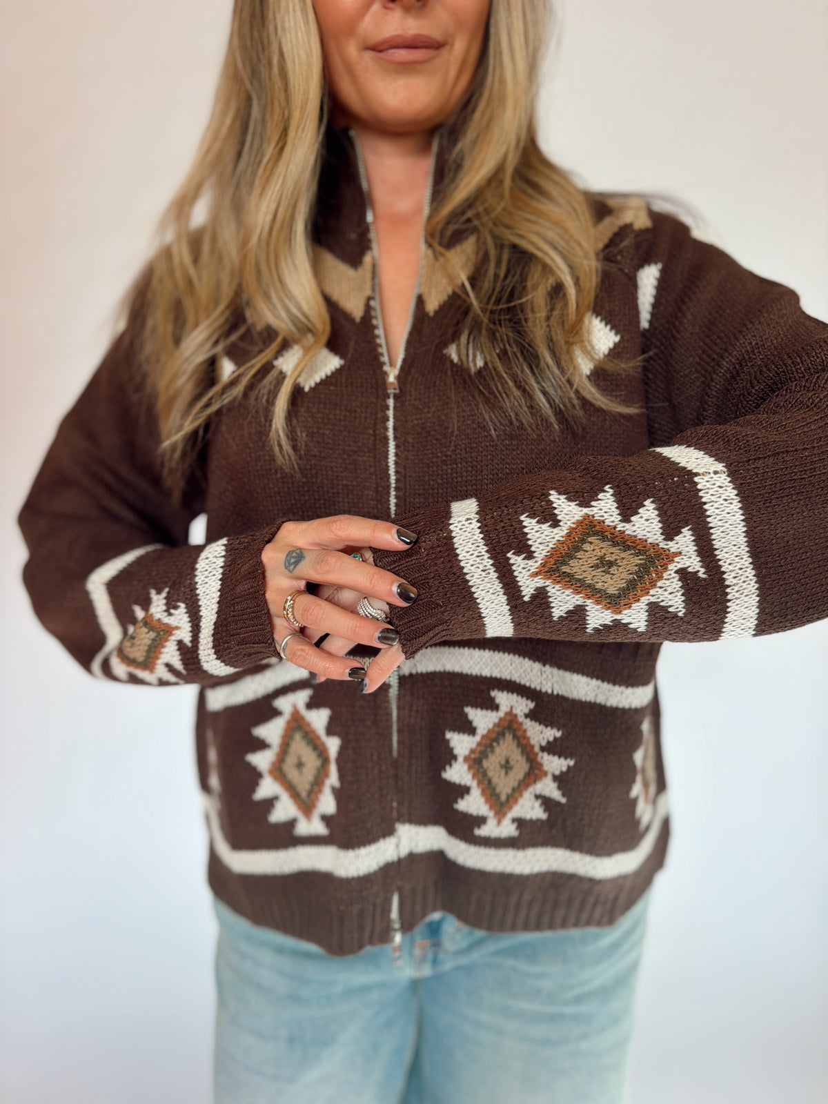 Mesa Brown Aztec Zip-Up Sweater Jacket