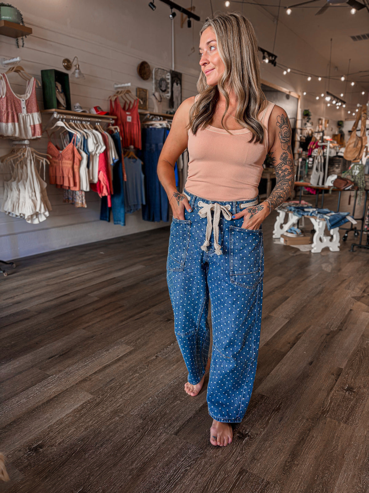 Polka Dot Denim Barrel Pants