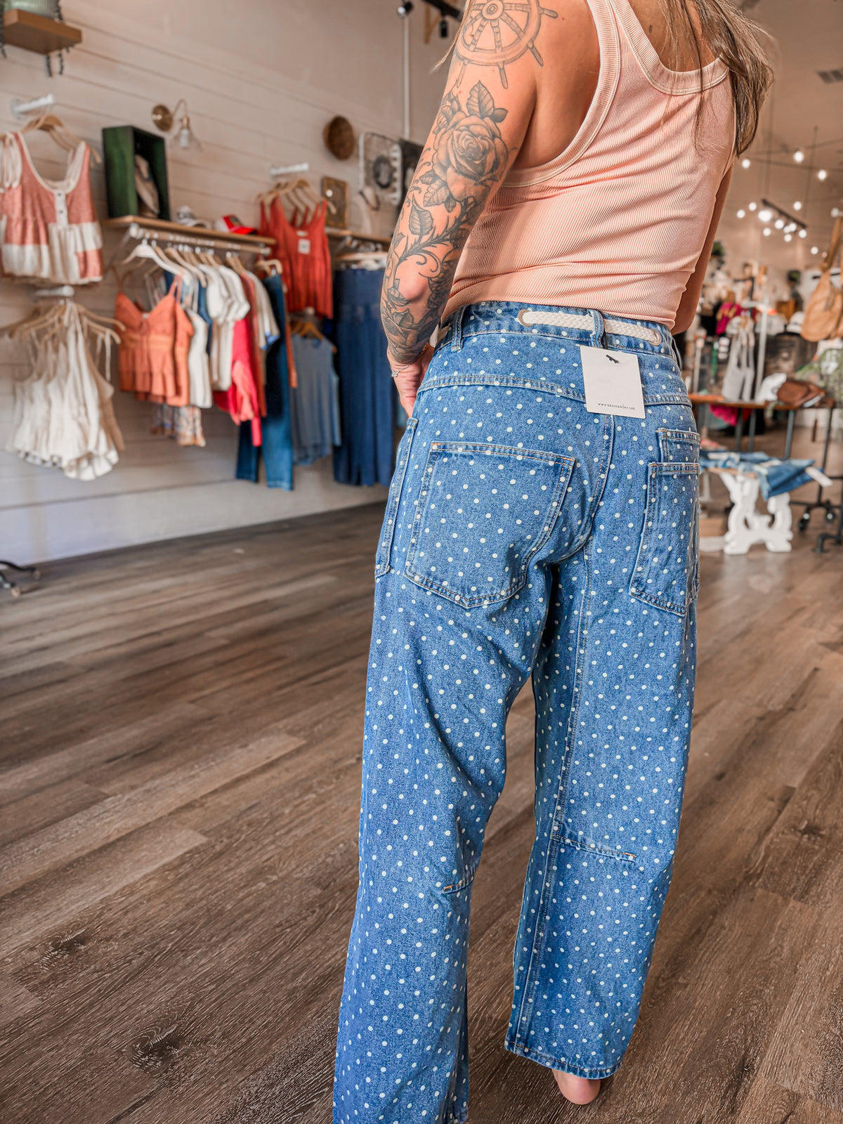 Polka Dot Denim Barrel Pants