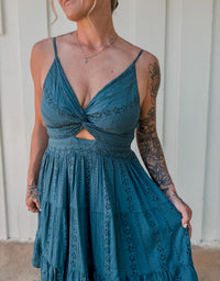 Eyelet Embroidered V Neck Twist Mini Dress