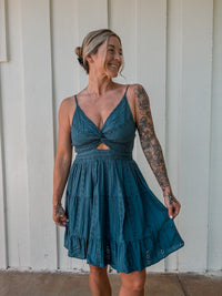 Eyelet Embroidered V Neck Twist Mini Dress