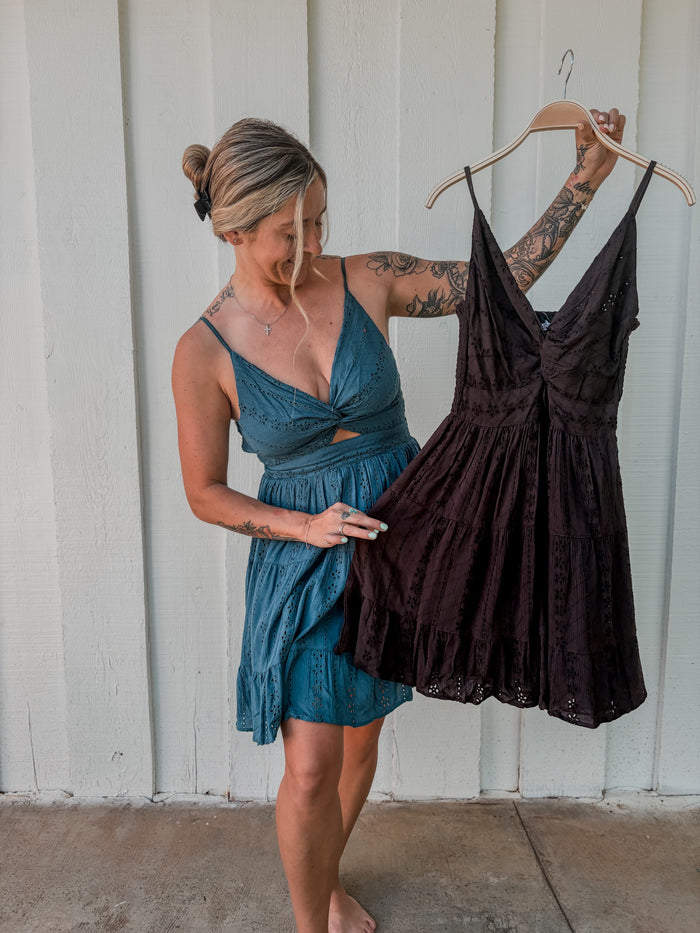 Eyelet Embroidered V Neck Twist Mini Dress