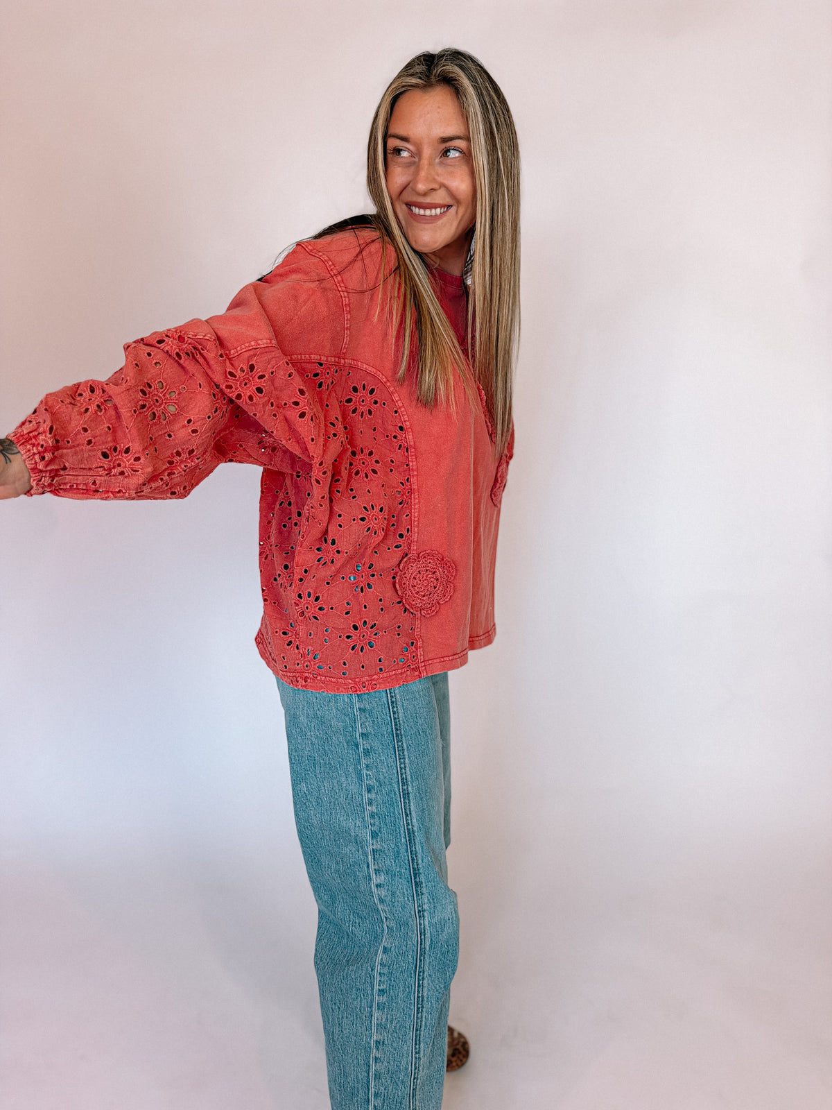 Boho Red Crochet Patched Top, alternate view