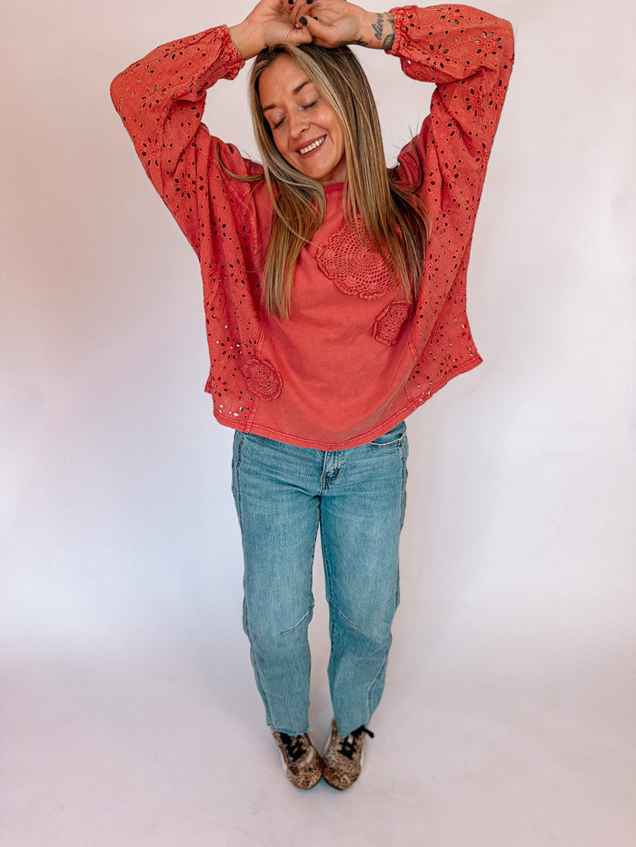 Boho Red Crochet Patched Top, alternate view