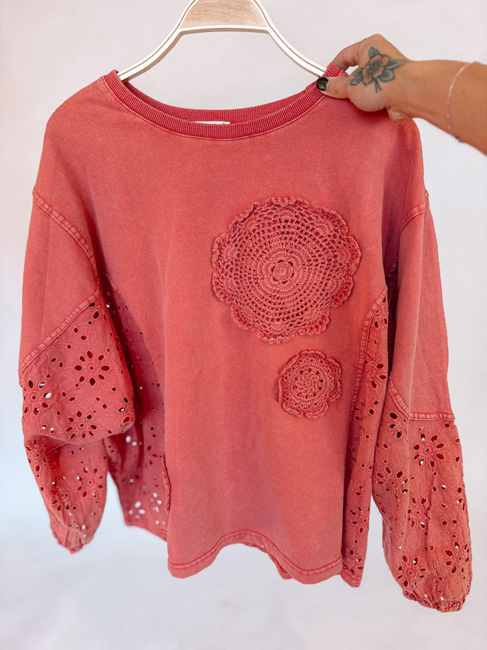 Boho Red Crochet Patched Top at Sage Lush Boutique