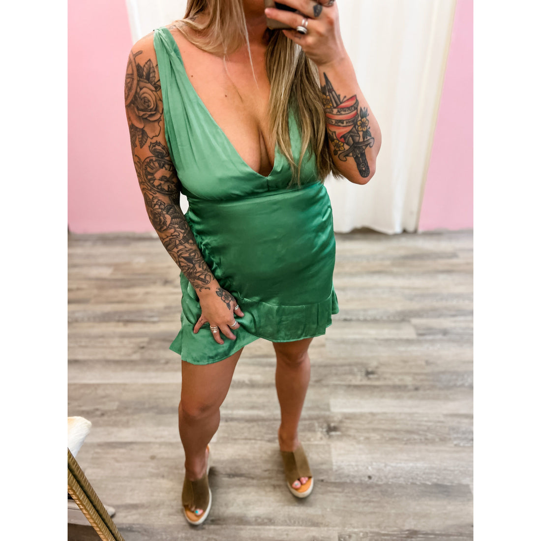 Green Silk Ruffle Dress
