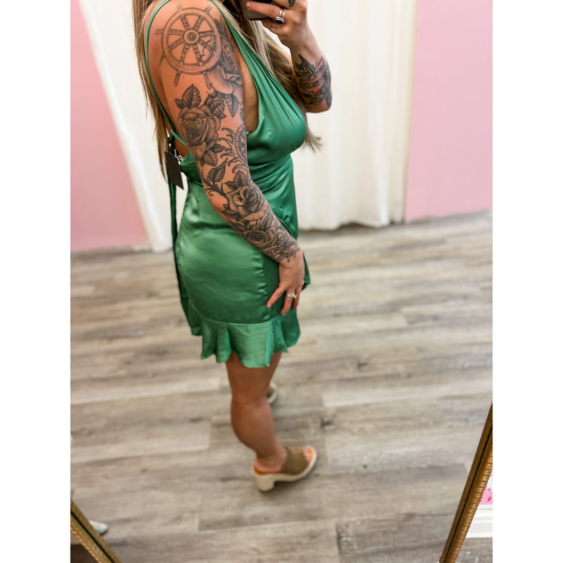 Green Silk Ruffle Dress