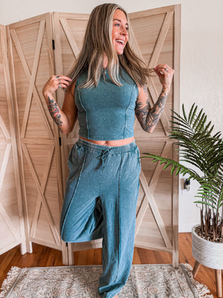 Mineral Washed Sleeveless Top & Wide Leg Pants Set Teal