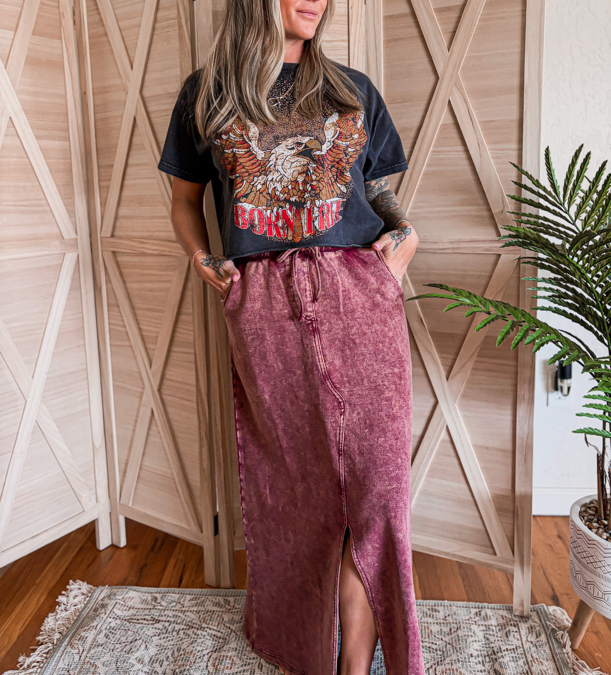 French Terry Acid Washed Front Slit Long Skirts