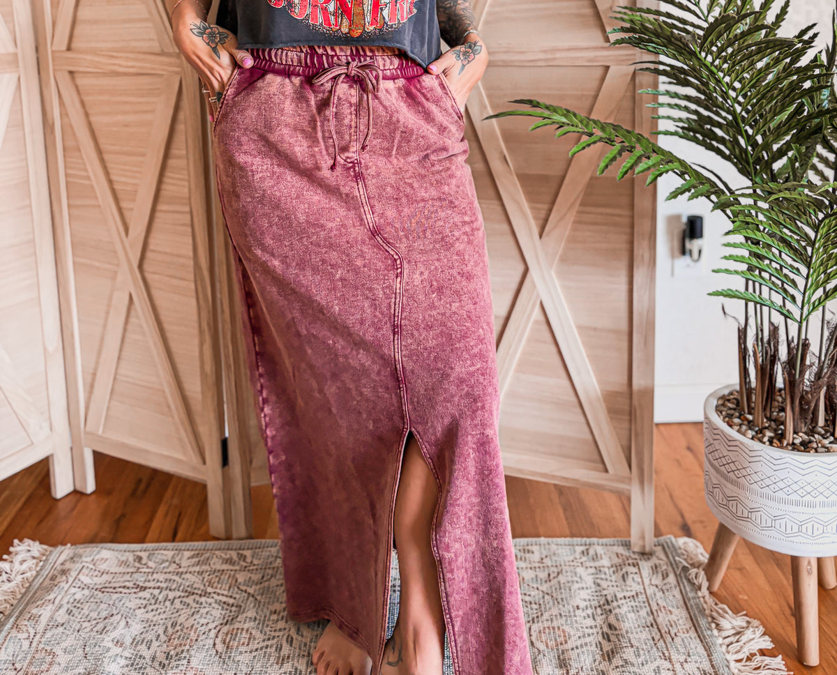 French Terry Acid Washed Front Slit Long Skirts