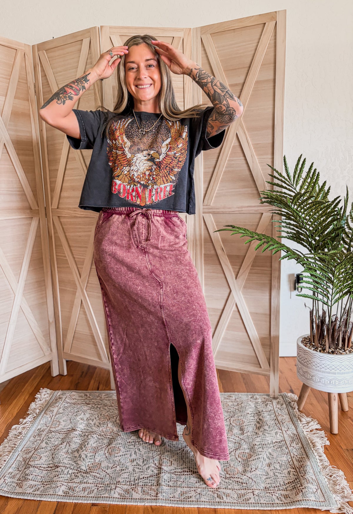 French Terry Acid Washed Front Slit Long Skirts