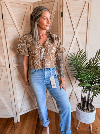 Caramel Floral Embroidered Tie-Front Top