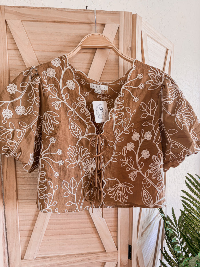 Caramel Floral Embroidered Tie-Front Top