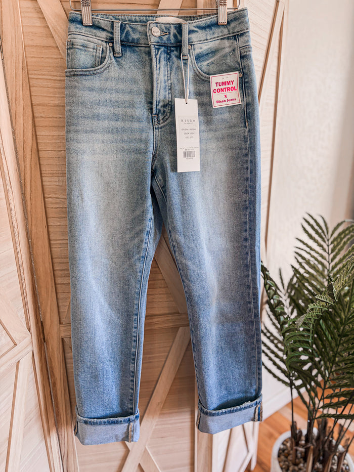 Risen High Rise Cropped Straight Cuffed Jeans