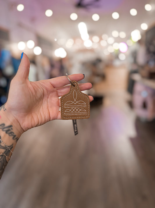 Brown Cow Tag Key Chain