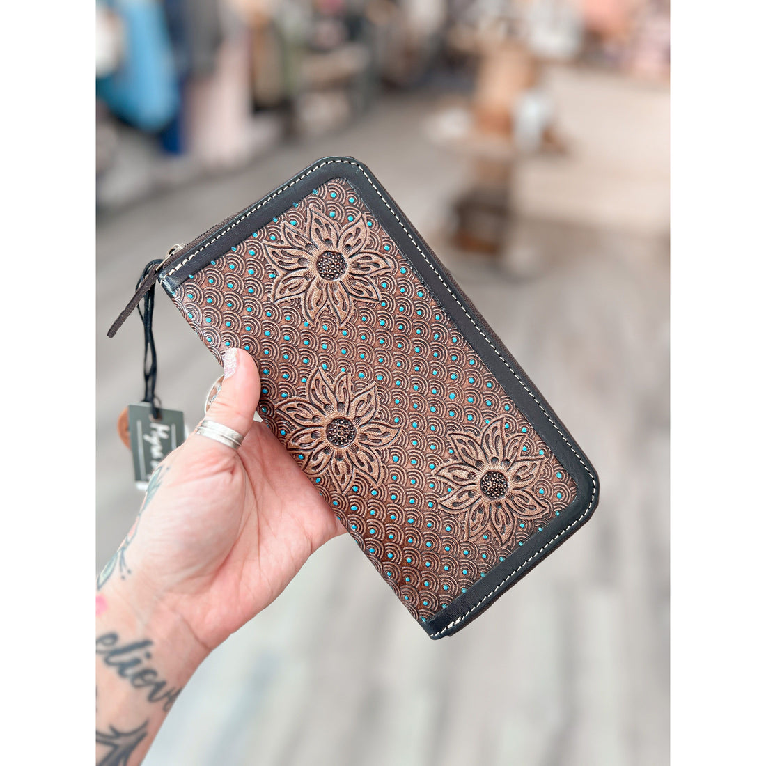 Sun Flower Tooled Leather Wallet