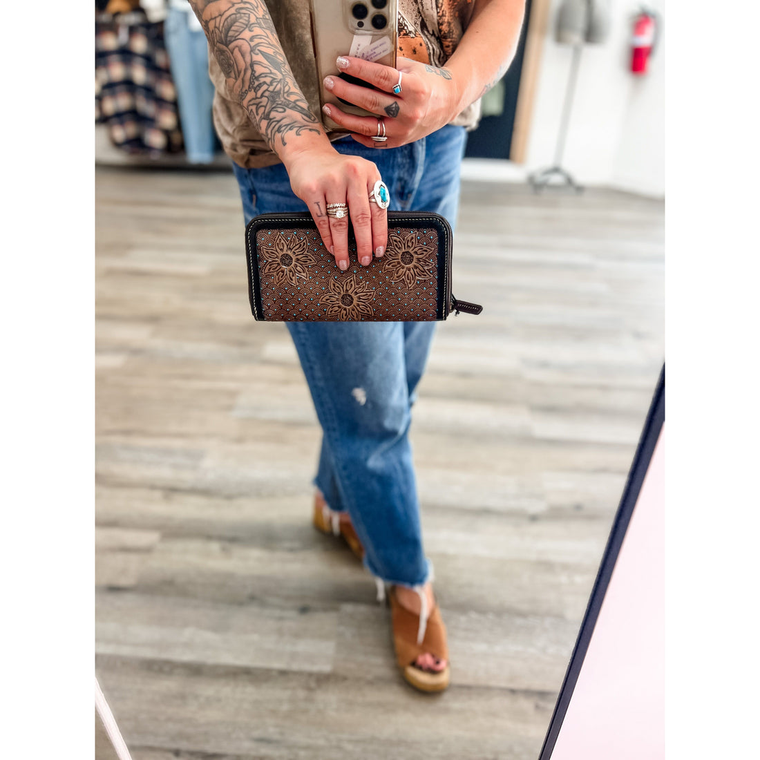 Sun Flower Tooled Leather Wallet