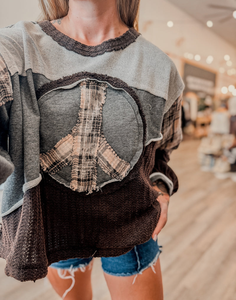 POL Peace Sign Plaid Sweater