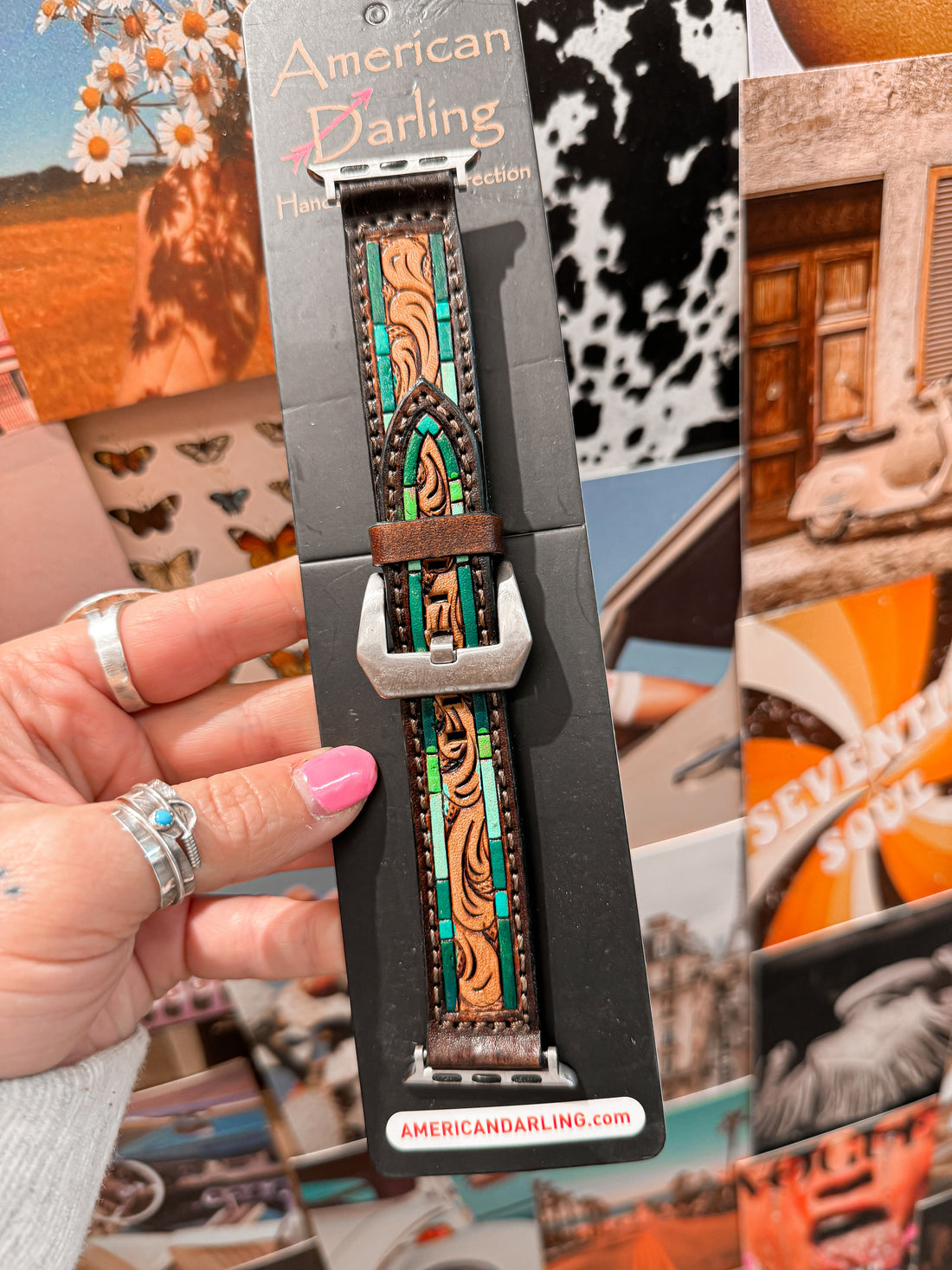 Brand American Darling   Brown Tooled Leather with a Turquoise and Green Detailing    The Metal is Sliver color   The Buckle is about 1 1/2" wide  Main Strap is a little less then 1"  Apple Watch Band Only   Size Is 38mm-41mm