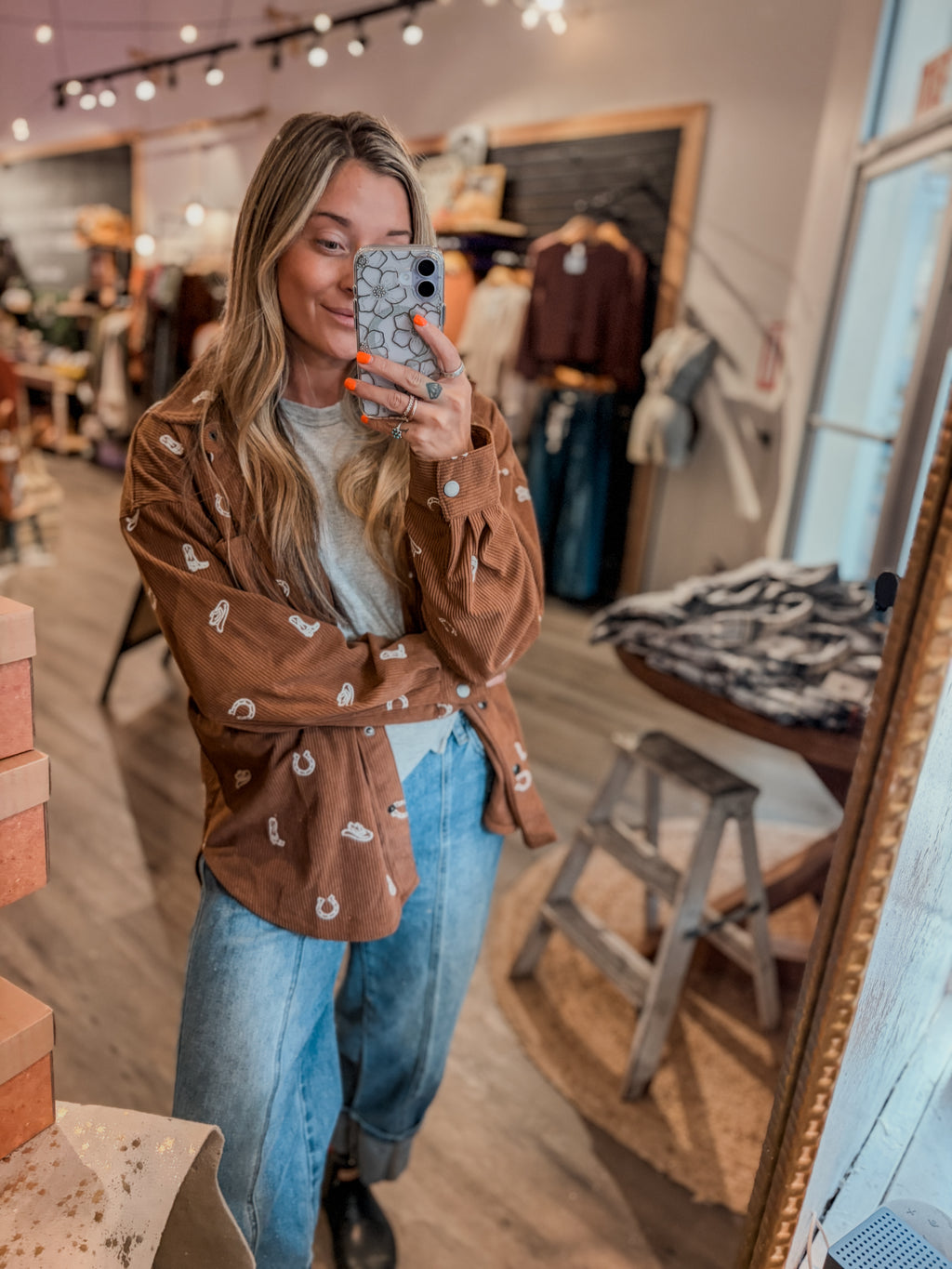 Women's Soft corduroy jacket with cowboy hat, horseshoe and cowboy boot embroidered in white jacket is brown. 