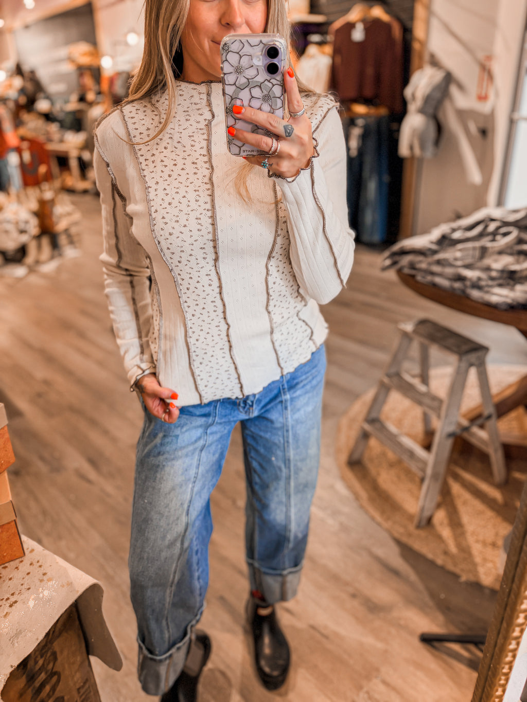 miss me cream long sleeve top with textured panels and contrast stitching, style with cuffed jeans and black boots .