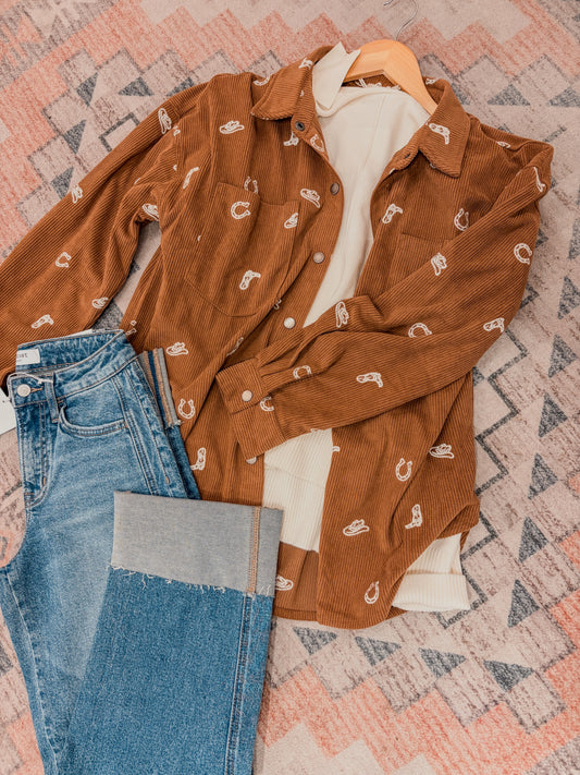 Women's Soft corduroy jacket with cowboy hat, horseshoe and cowboy boot embroidered in white jacket is brown. 