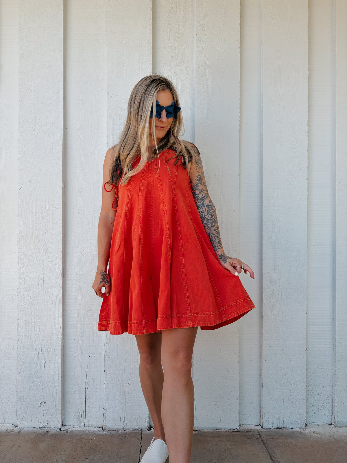 Cherry Red Denim Romper