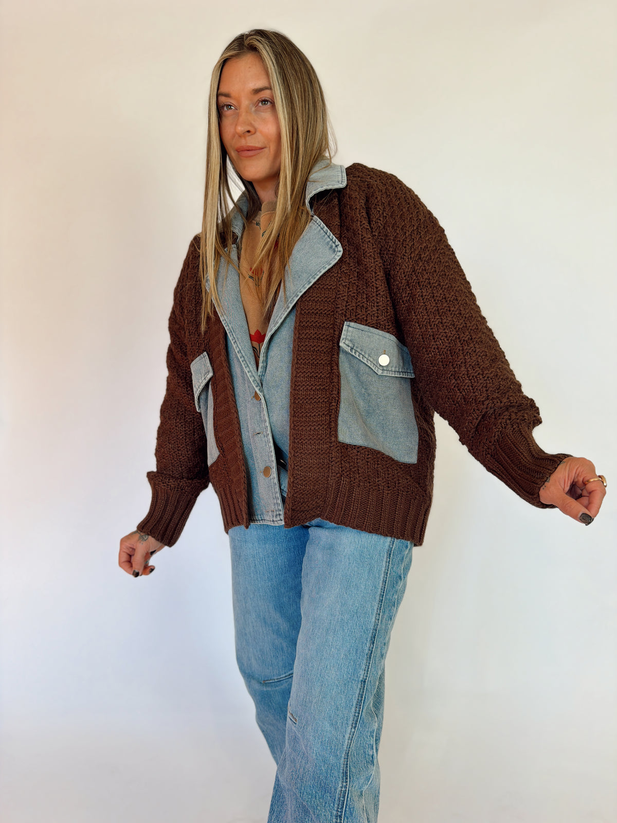Mixed Cable Knit & Denim Jacket at Sage Lush Boutique