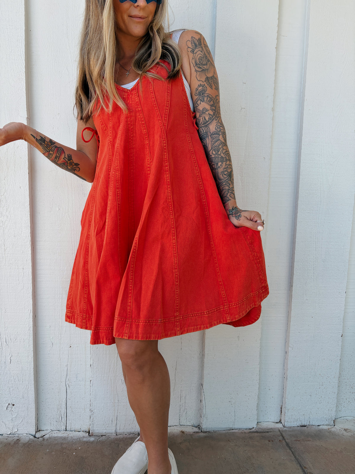 Cherry Red Denim Romper