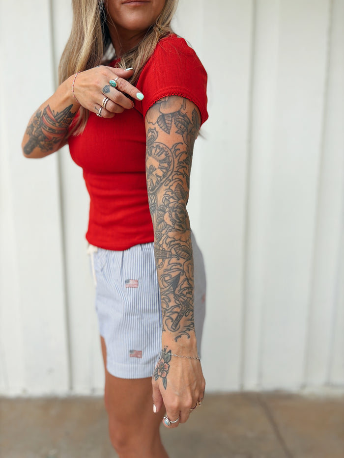 Pointelle Cherry Red Short Sleeve Top