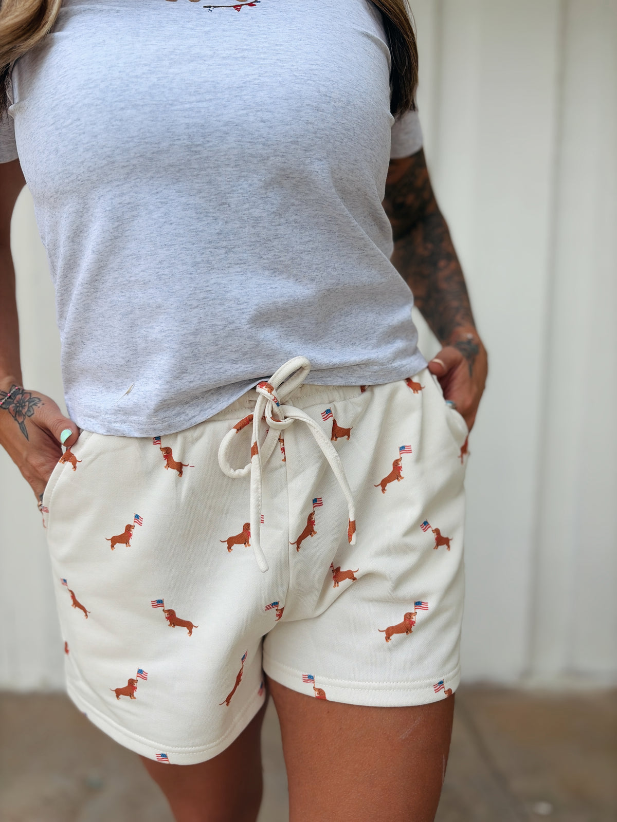 High Rise USA Dachshund Dog Graphic Print Sweat shorts