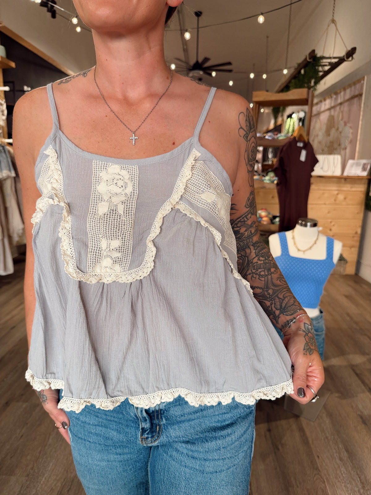 Dusty Blue Lace Top