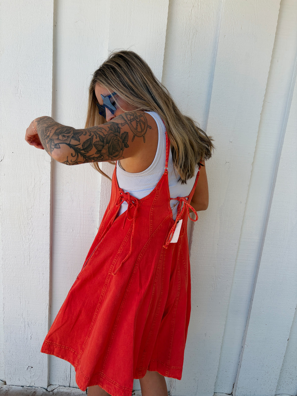 Cherry Red Denim Romper