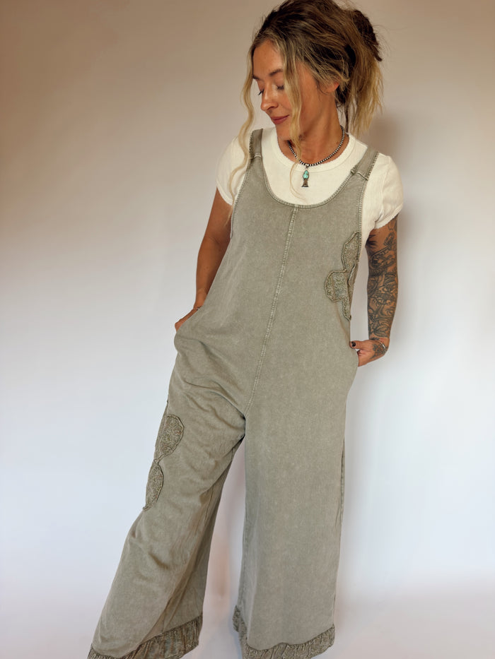 Light Olive Wide Leg Jumpsuit with Floral Patches at Sage Lush Boutique