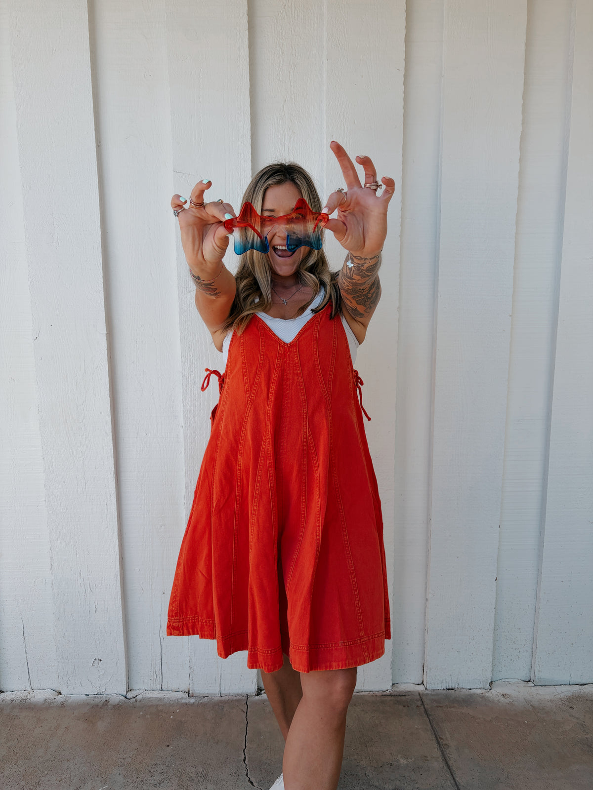 Cherry Red Denim Romper