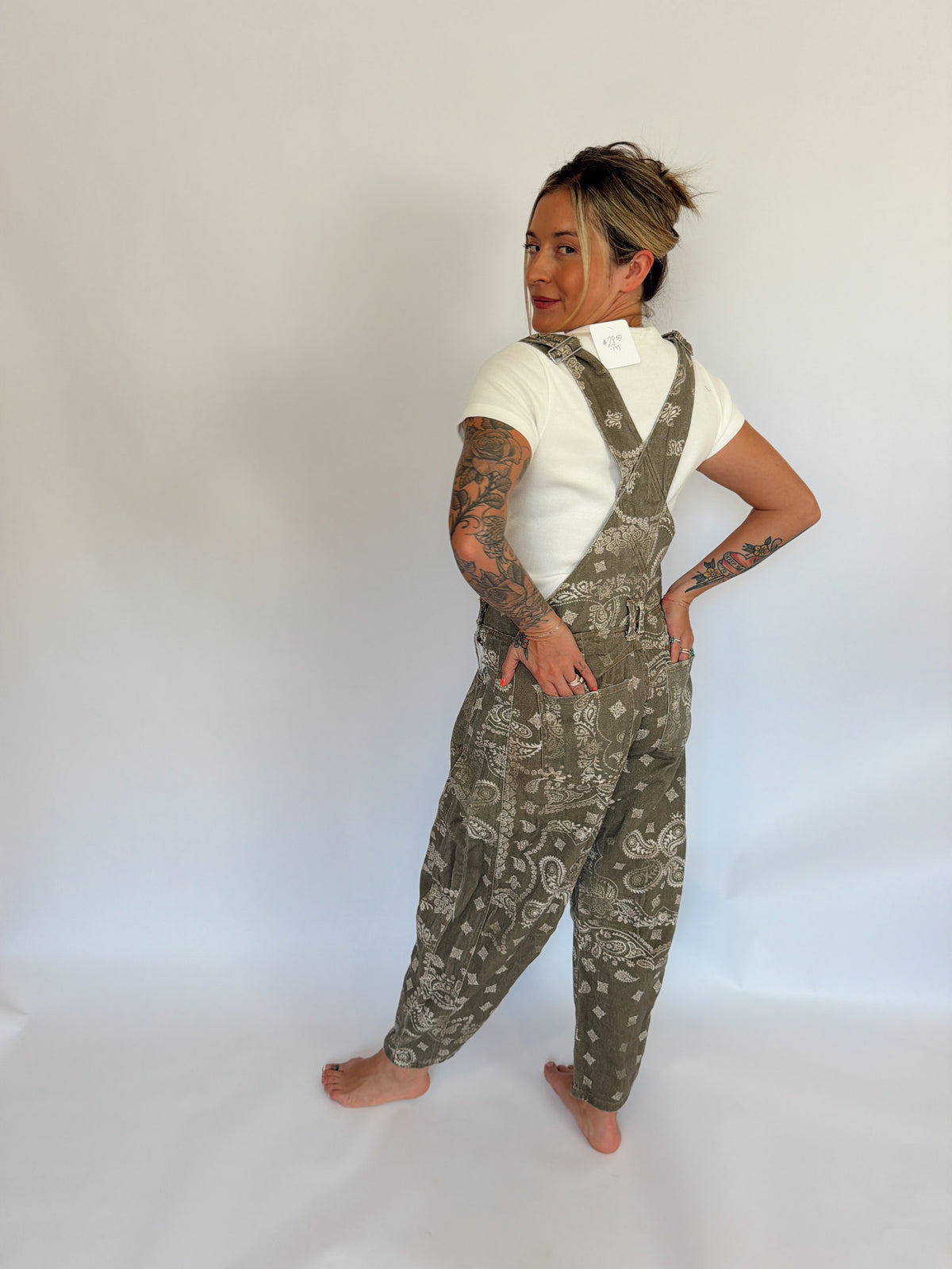 Olive Paisley Barrel Overalls ￼