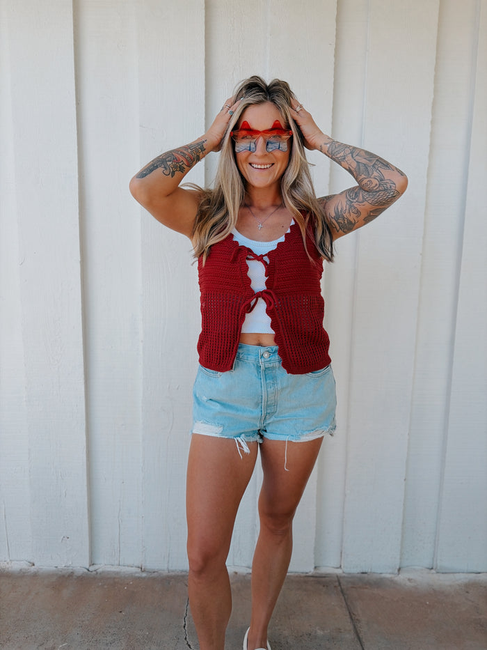 Dark Red Open Knit Double Tie-Front Vest