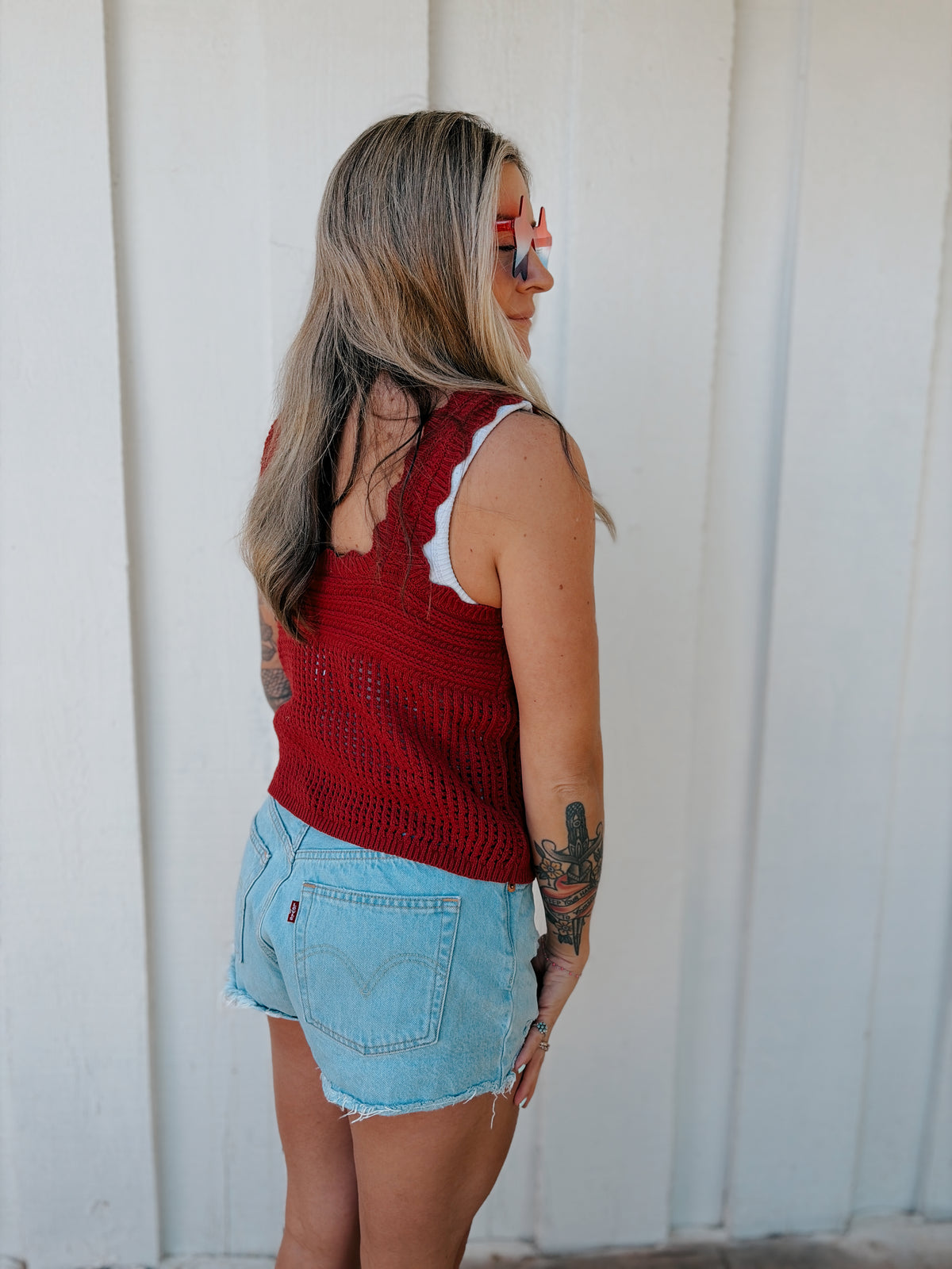 Dark Red Open Knit Double Tie-Front Vest