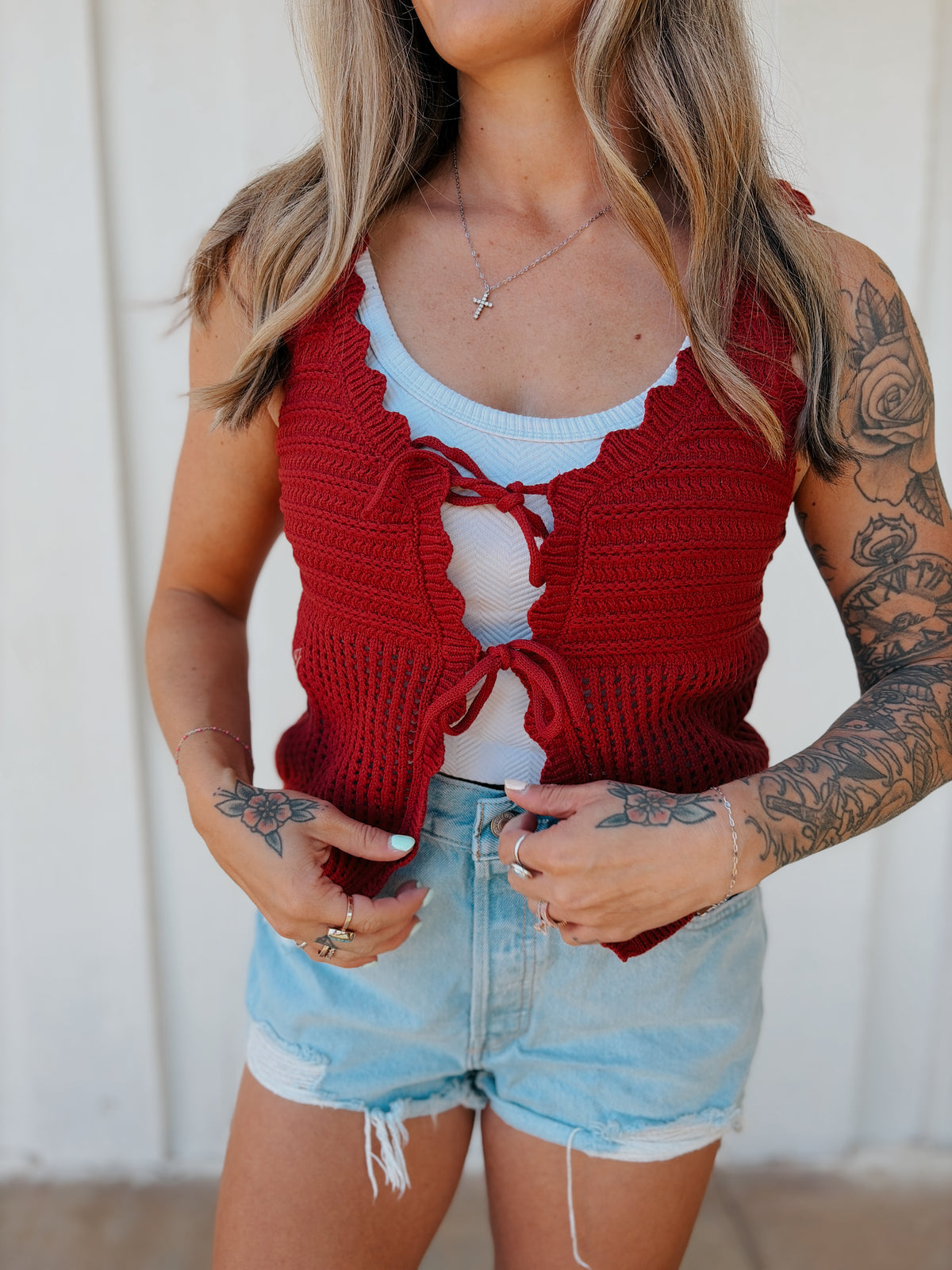 Dark Red Open Knit Double Tie-Front Vest